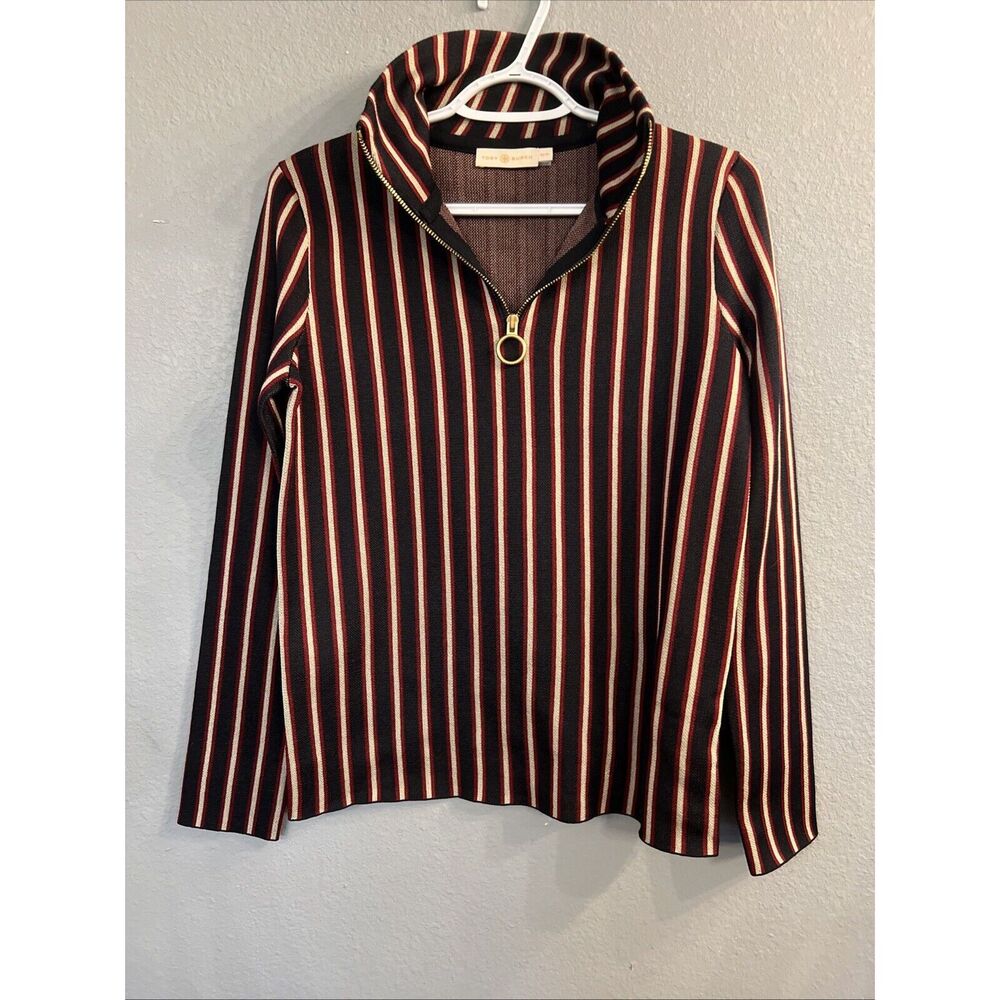 Tory Burch pullover sweater quarter zip red stripes PXS